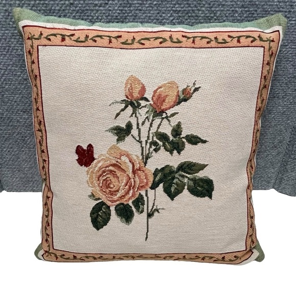 Pair of Vintage Rose Double-Sided Tapestry Pillows 13” x 13.5” - Picture 2 of 11